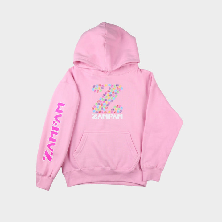 Pink Zamfam hoodie featuring a gummy bear print