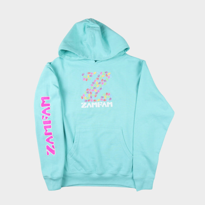 Teal Zamfam hoodie featuring a gummy bear print