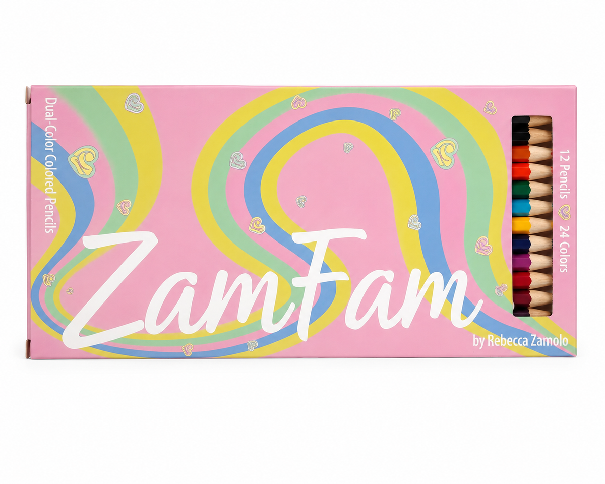 ZamFam dual-color colored pencil set for back-to-school in a pastel rainbow box with 12 pencils and 24 colors.
