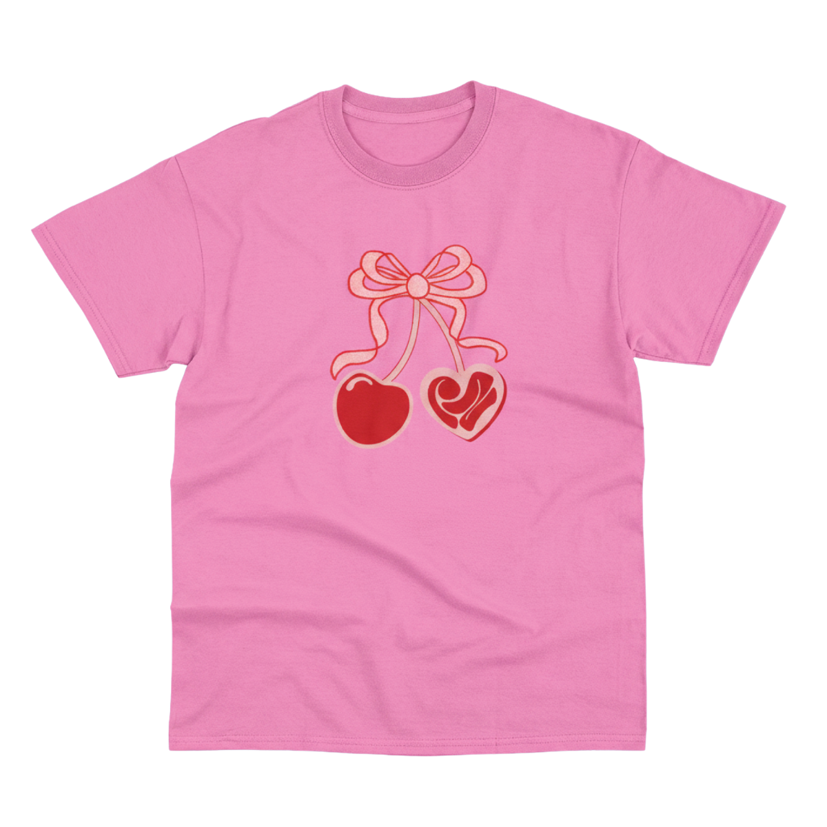 Pink ZamFam T-shirt featuring a pink bow with one red cherry and one RZ heart wrapped in a glitter ribbon design.