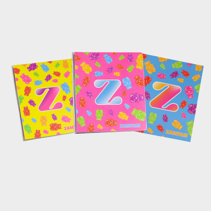 3 3-Ring Zamfam Binders with a gummy bear print