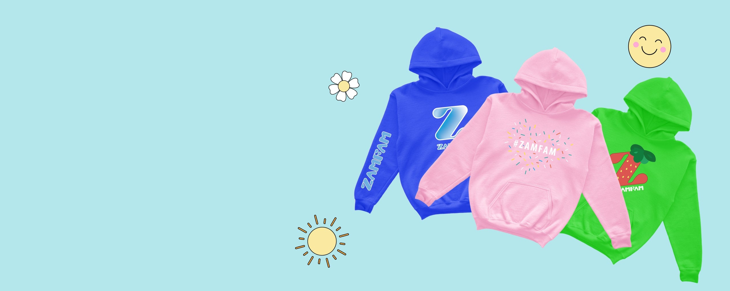 Pink, green, and blue hoodies from the hoodie collection.