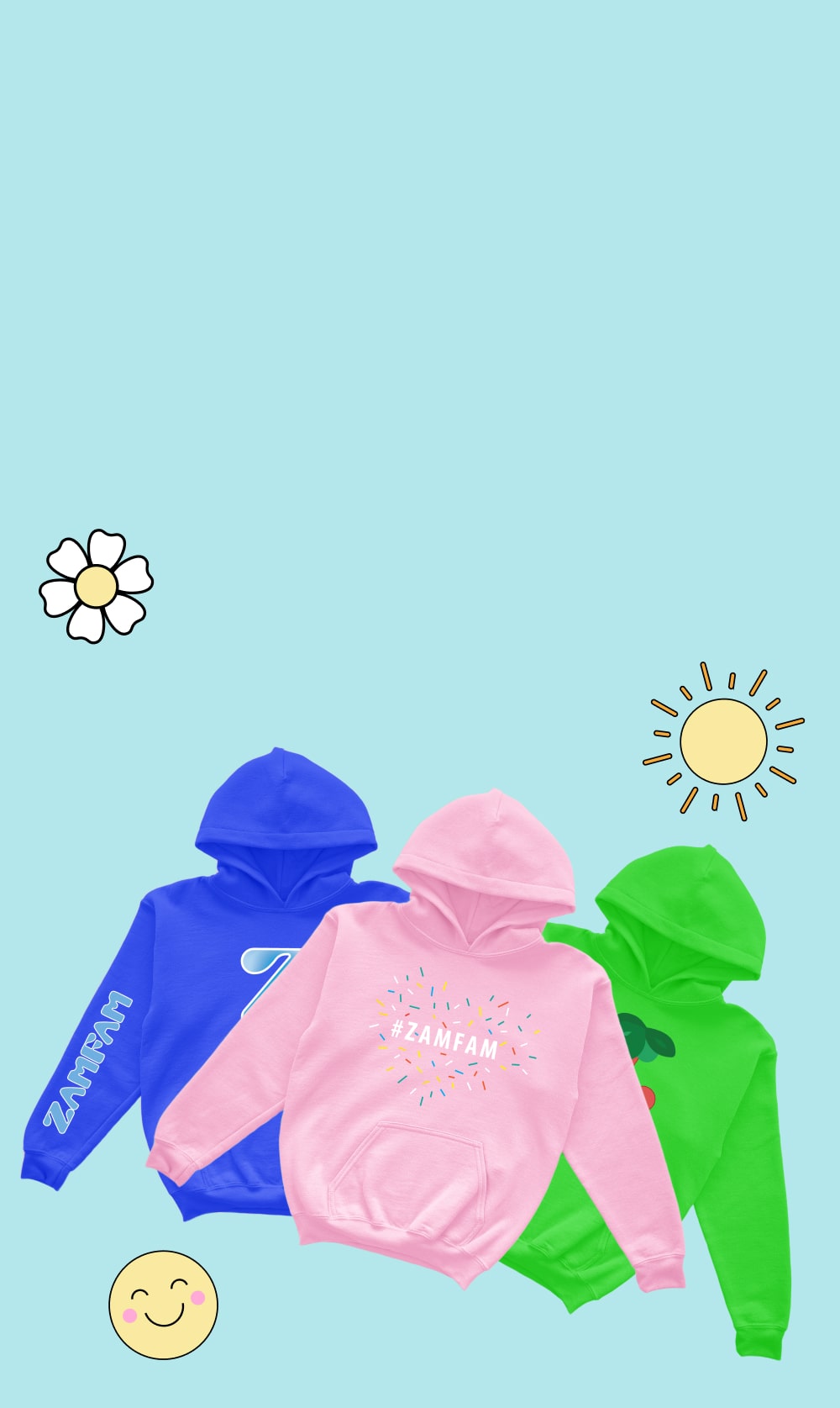 Pink, green, and blue hoodies from the hoodie collection.