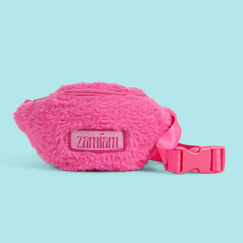 Zamfam pink fuzzy fanny pack.