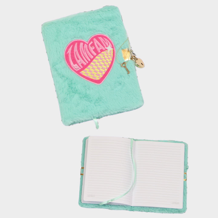 Teal Fuzzy Diary with a Zamfam Heart and a locket