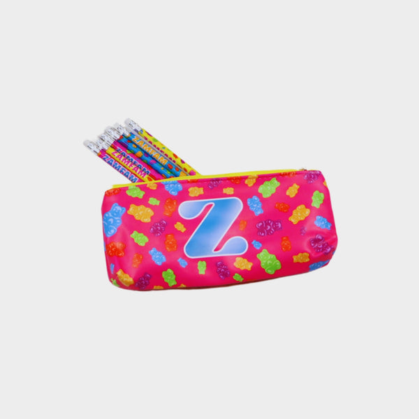 Pink Zamfam pencil pouch with Zamfam pencils sticking out
