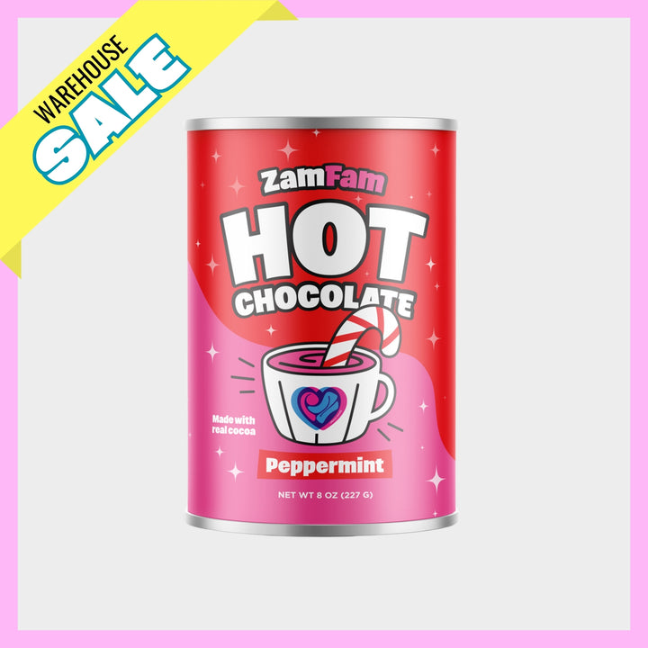 8oz Zamfam peppermint hot chocolate can featuring a Warehouse Sale tag