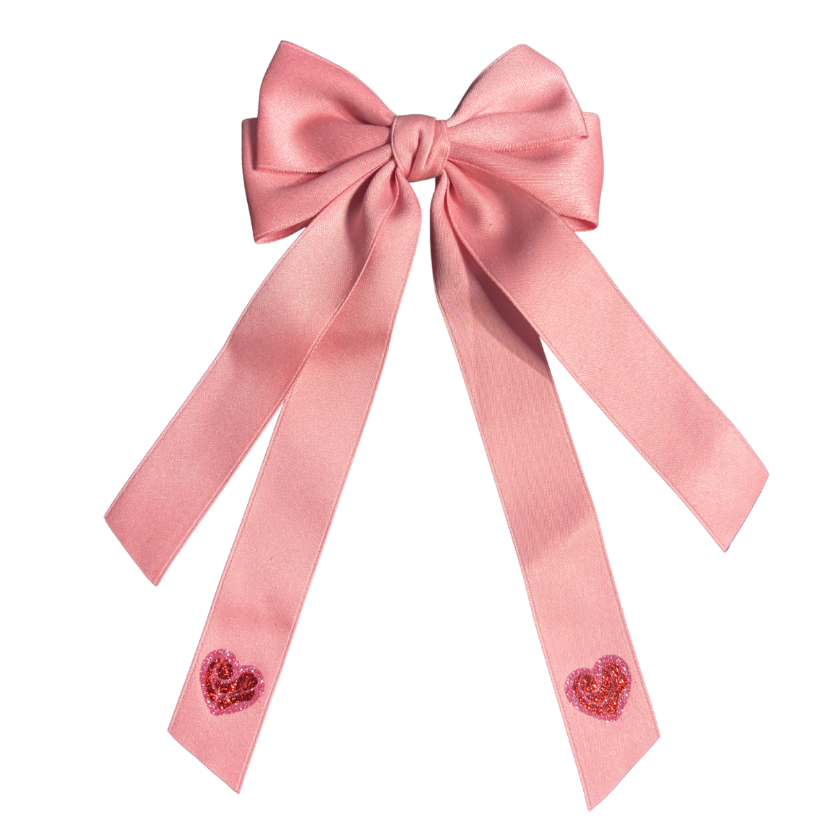 ZamFam light pink satin hair bow with long tails and glitter RZ Heart accents.