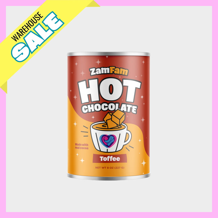 8oz Zamfam toffee hot chocolate can featuring a Warehouse Sale tag