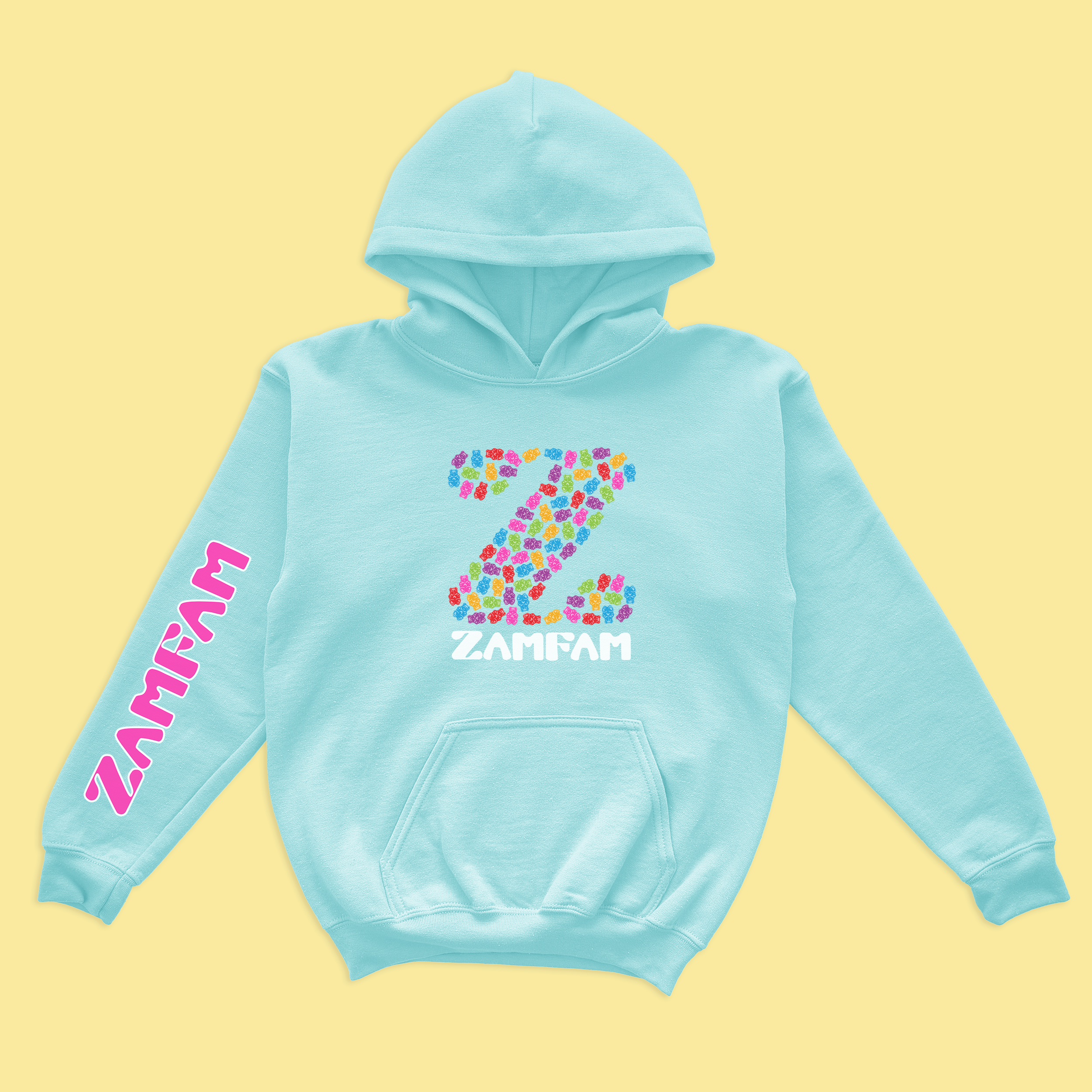 Blue Zamfam hoodie with gummy bear designs.