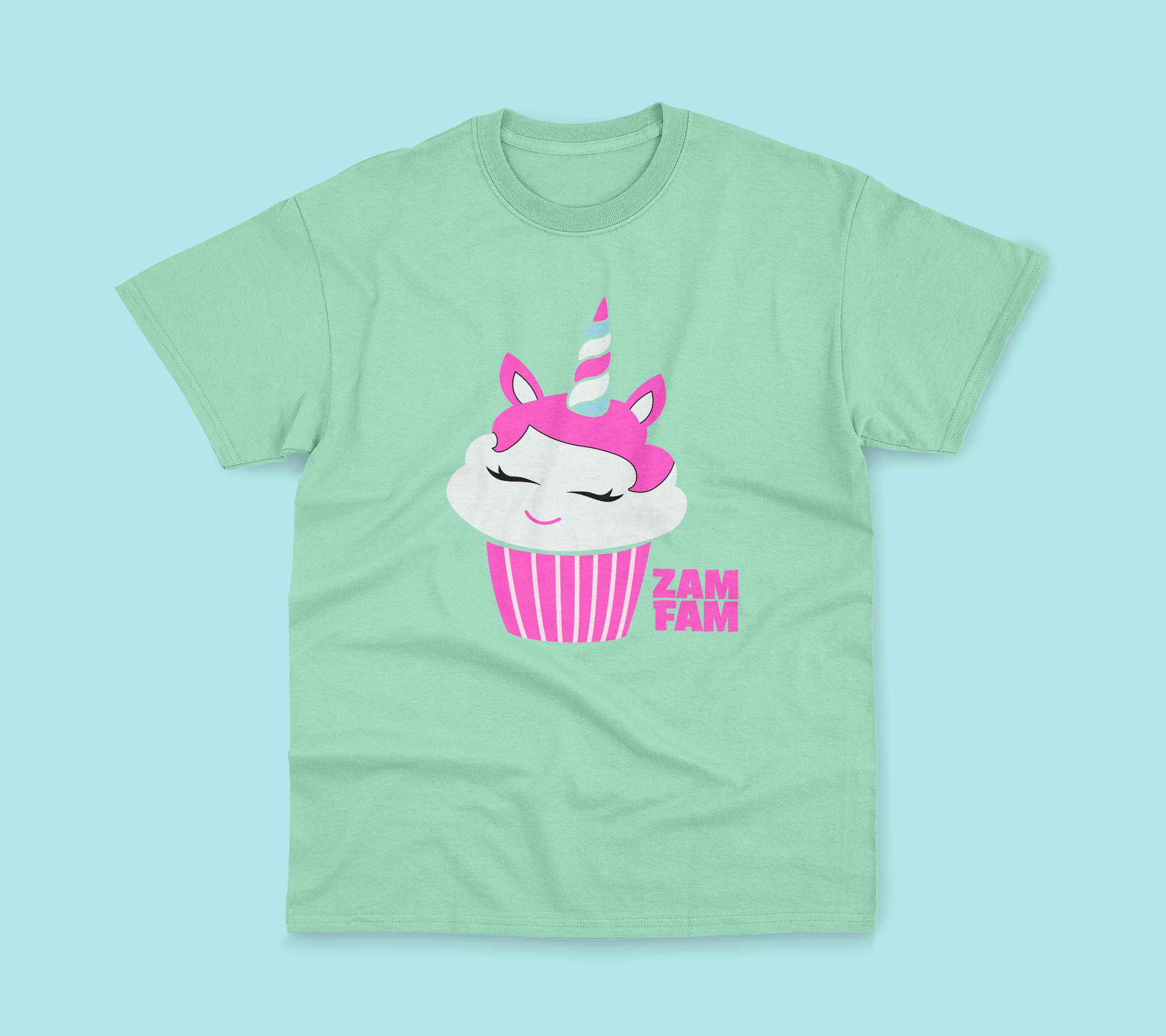 Teal tee featuring a cupcake unicorn design.