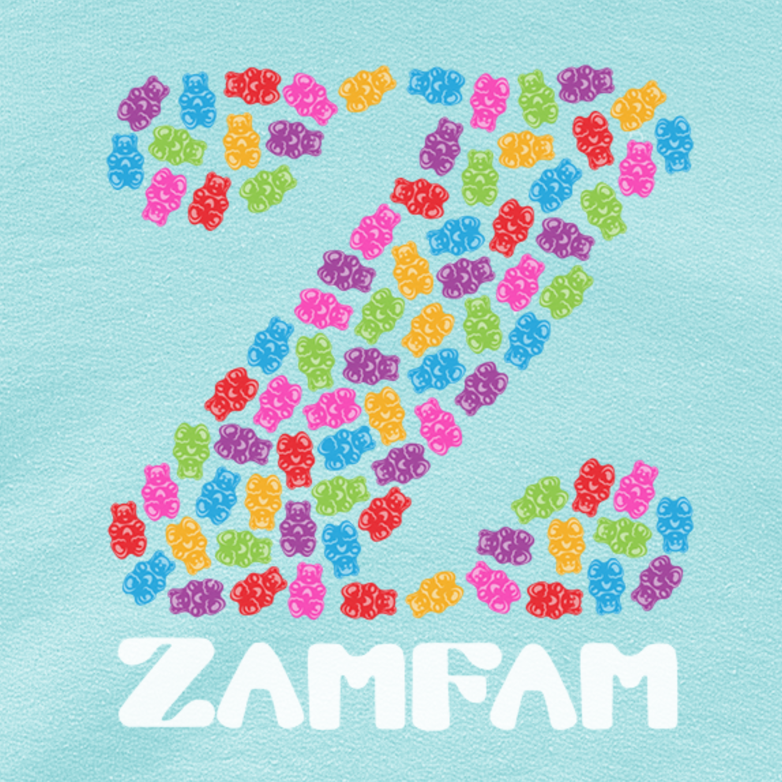 Close up of the blue Zamfam hoodie with gummy bear designs.