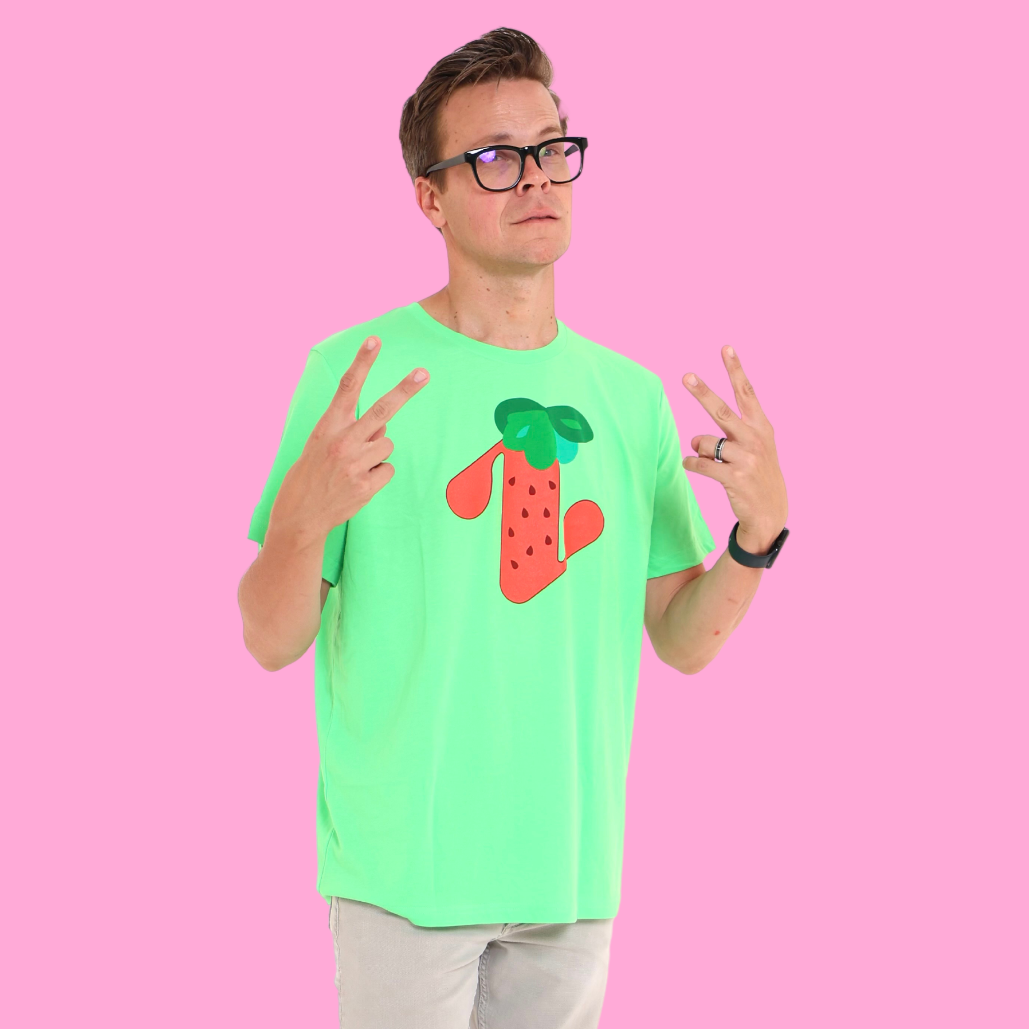 Matt Slays wearing the green strawberry Zamfam tee.