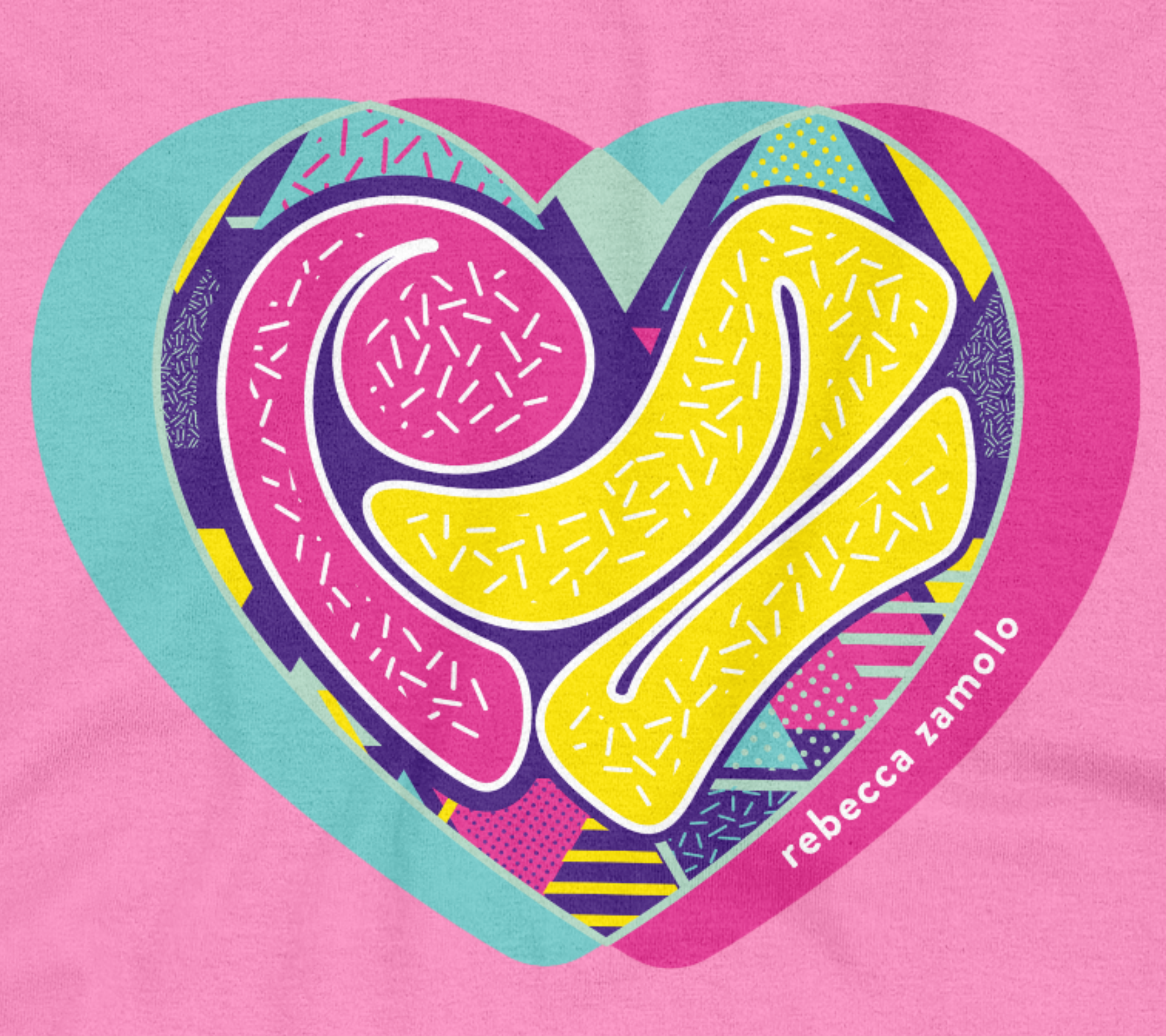 Close up of pink Rebecca Zamolo heart tee.