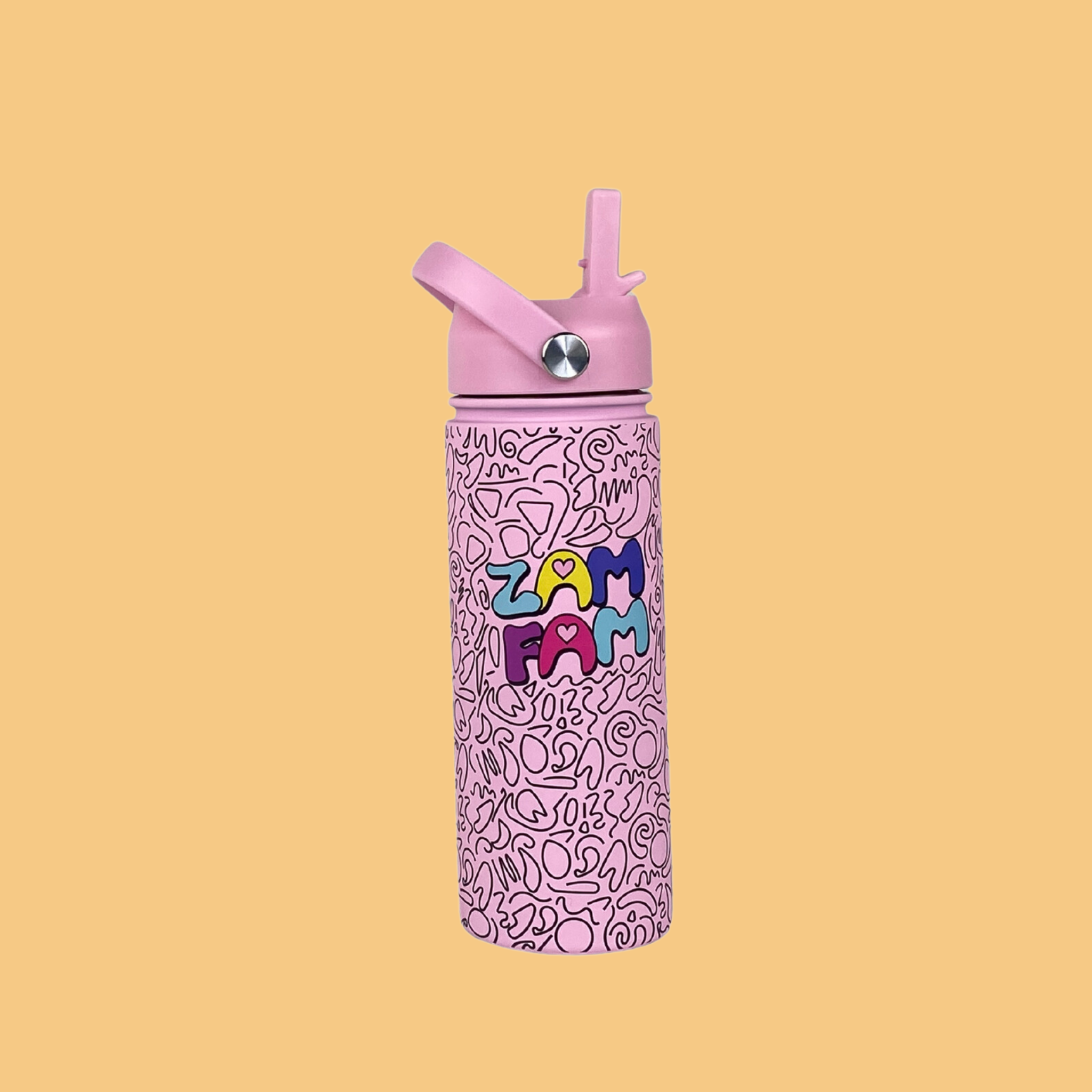 Pink Zamfam water bottle with an orange background.