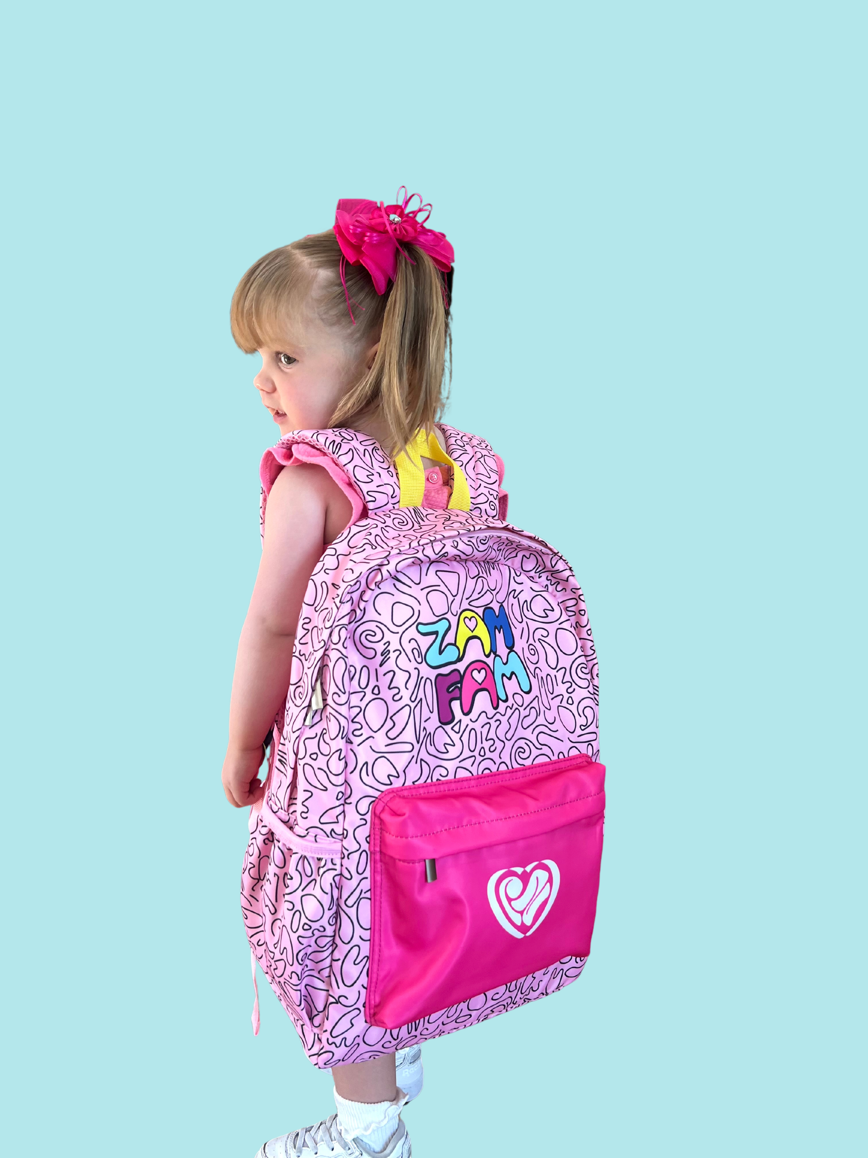 Zadie Zamolo wearing the back to school backpack.