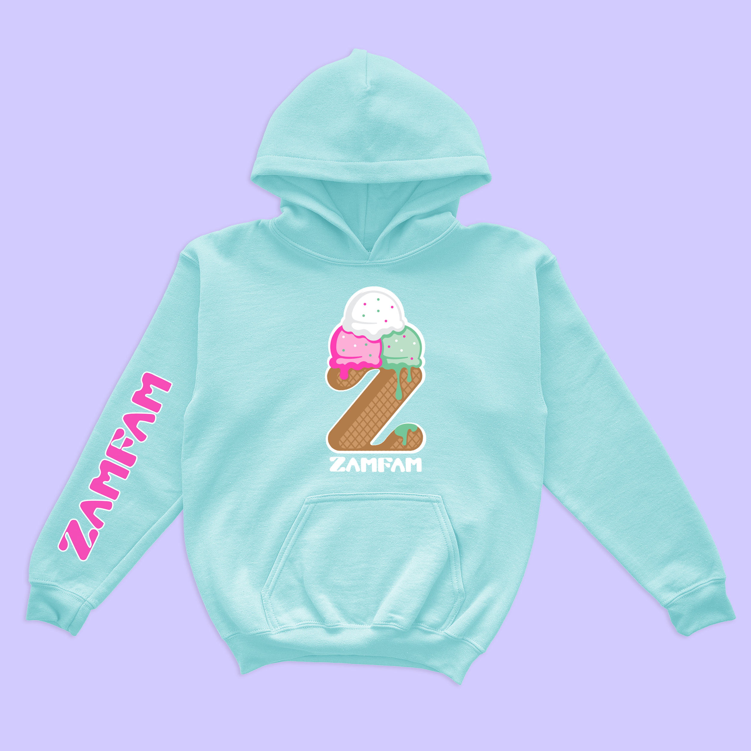 Teal Zamfam hoodie with an ice cream design.