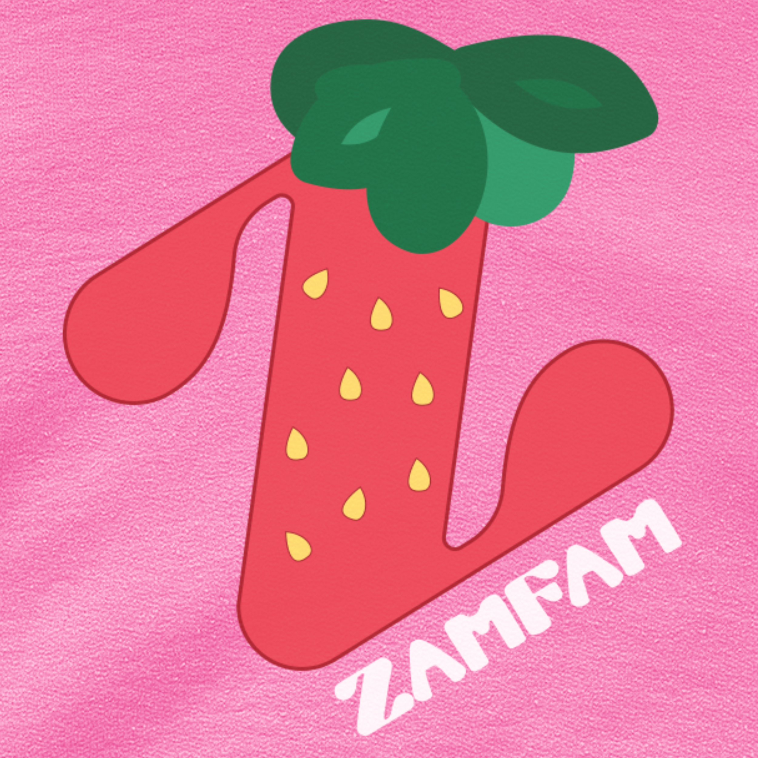 Closeup of pink strawberry Zamfam hoodie.