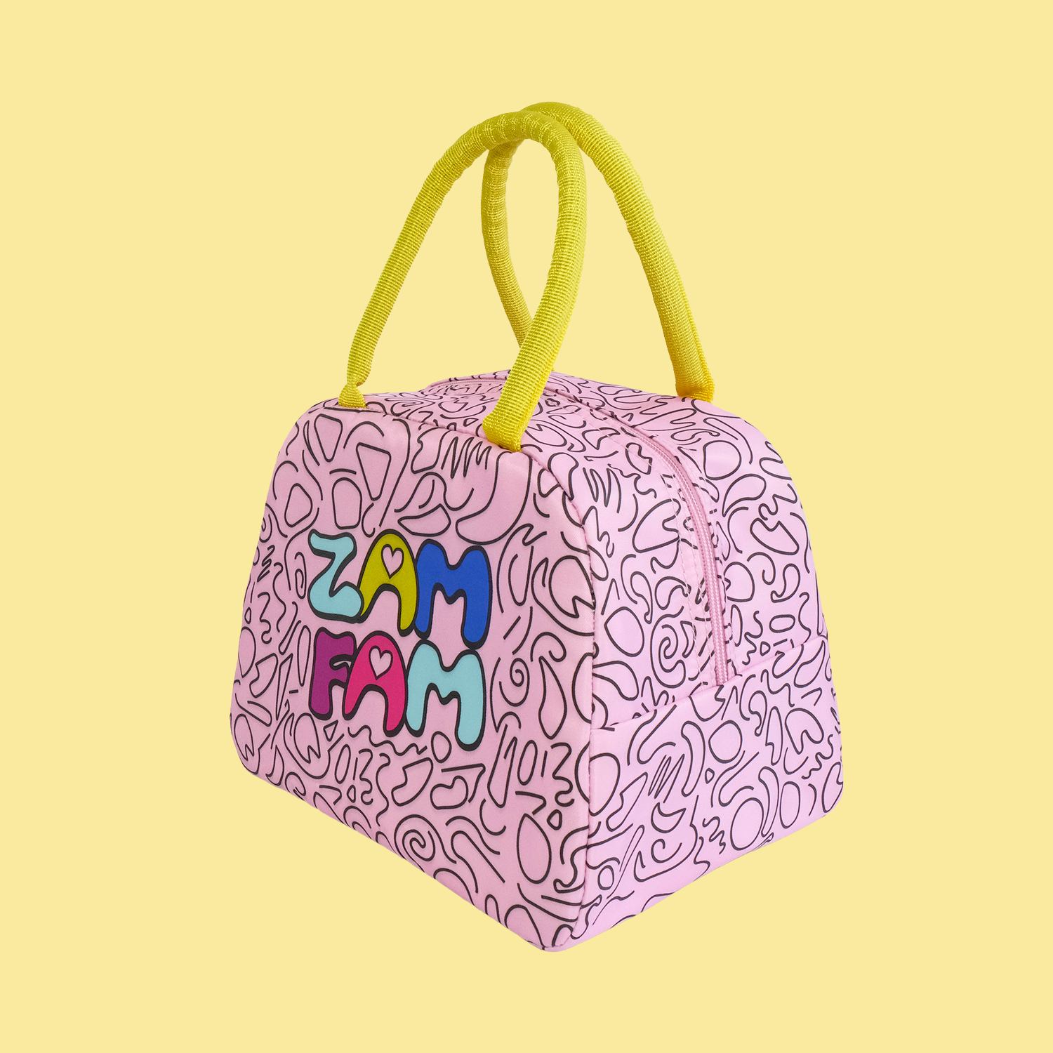 Pink Zamfam lunch bag.