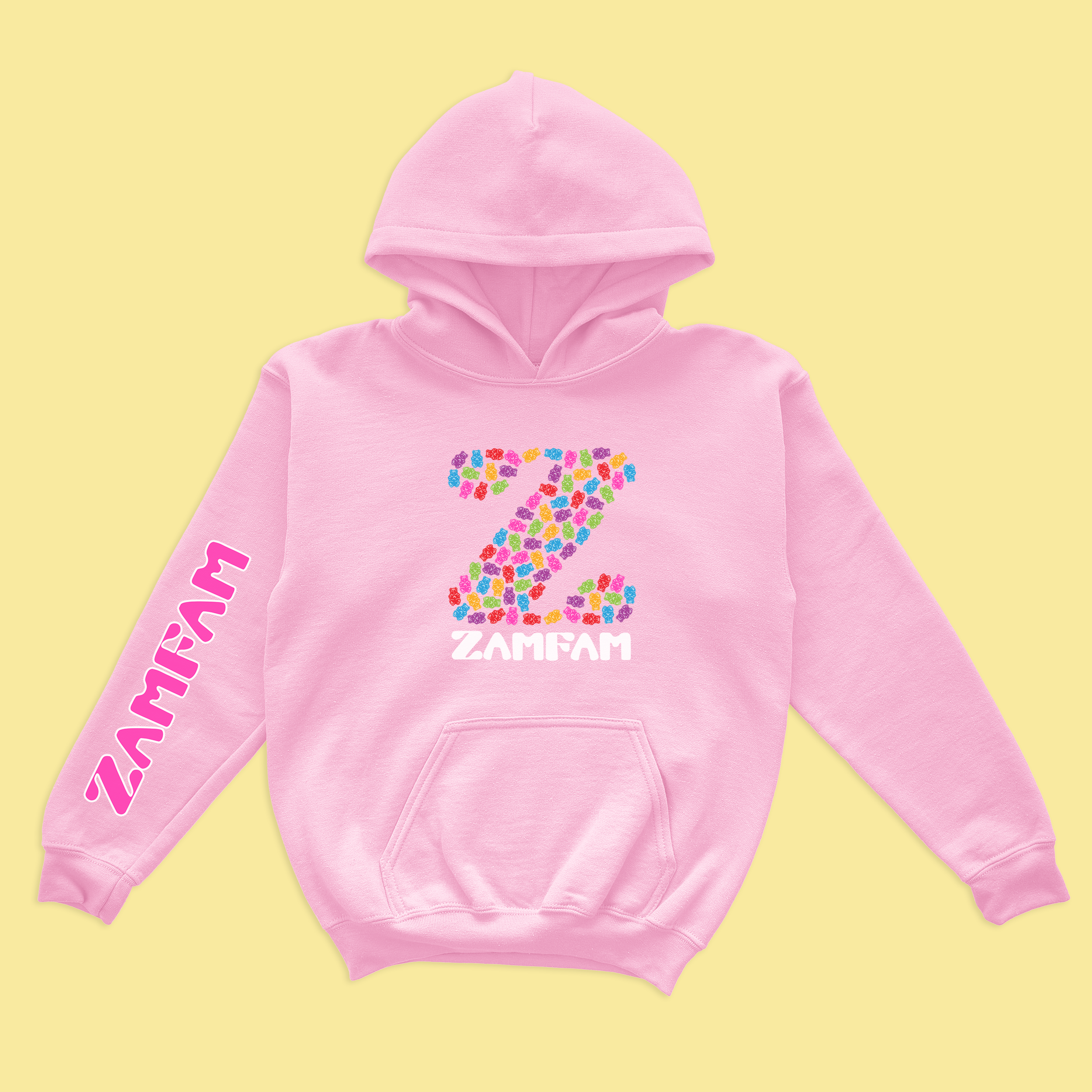 Pink Zamfam hoodie with gummy bear designs.