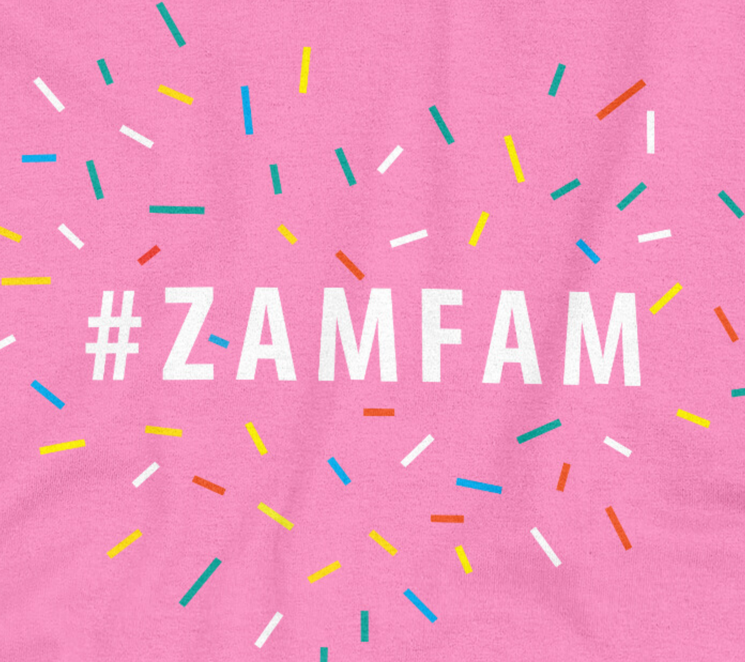 Close up of the pink tee with a Zamfam design and confetti.