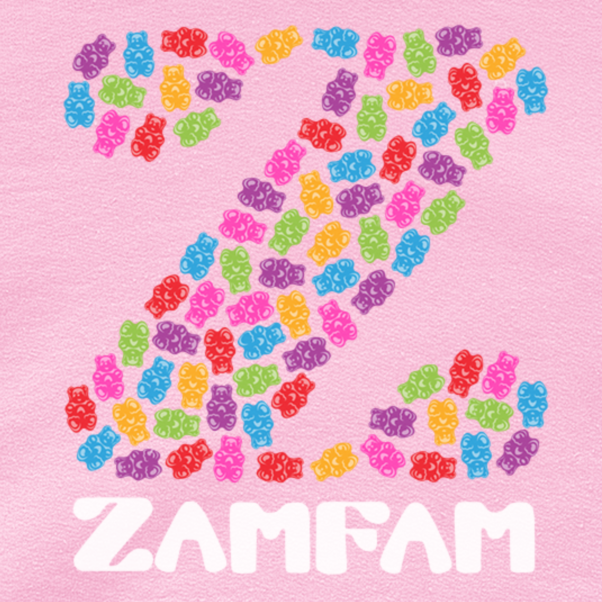 Close up of the pink Zamfam hoodie with gummy bear designs.