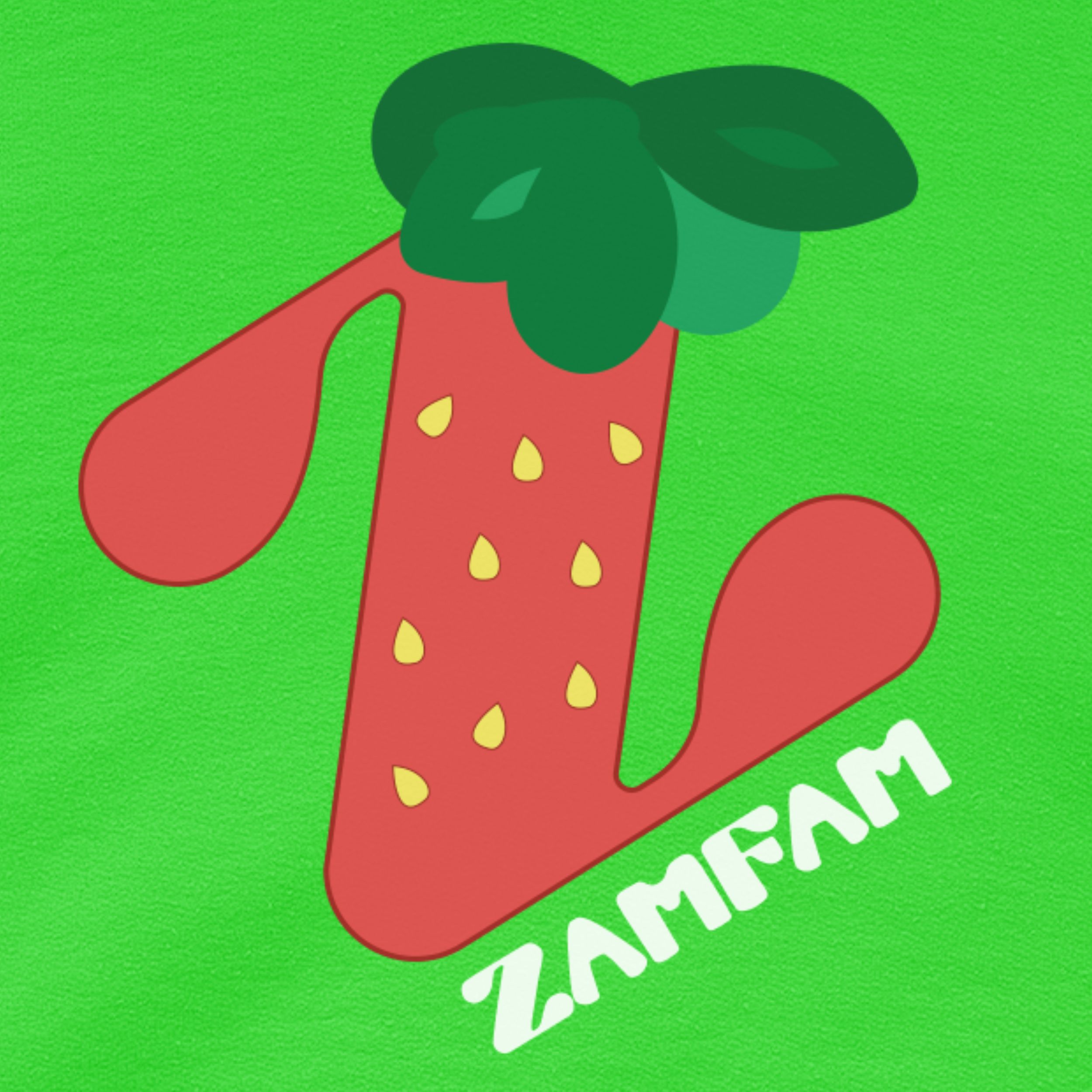 Closeup of green strawberry Zamfam hoodie.