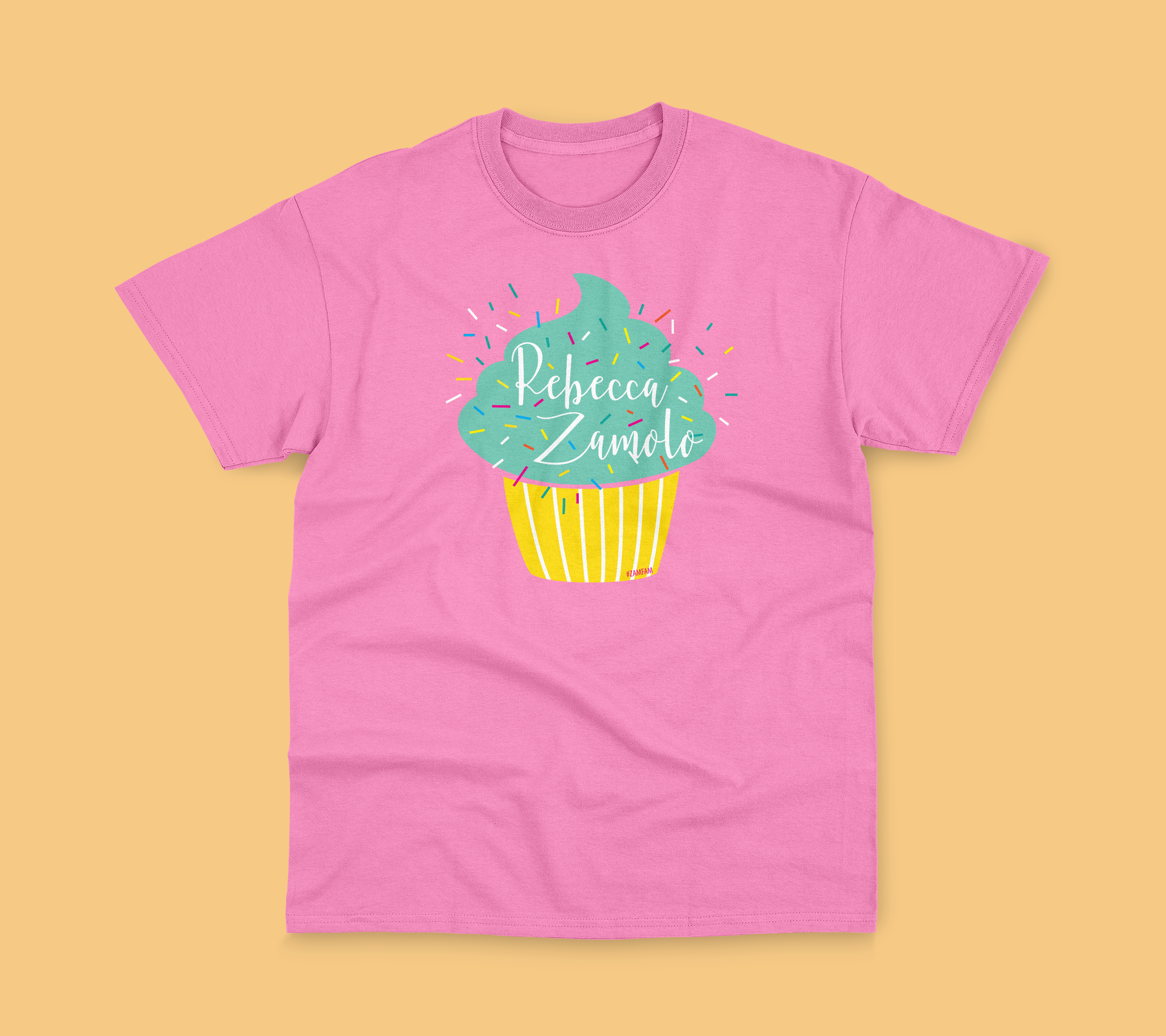 Pink Rebecca Zamolo cupcake tee featuring a cupcake design and confetti.