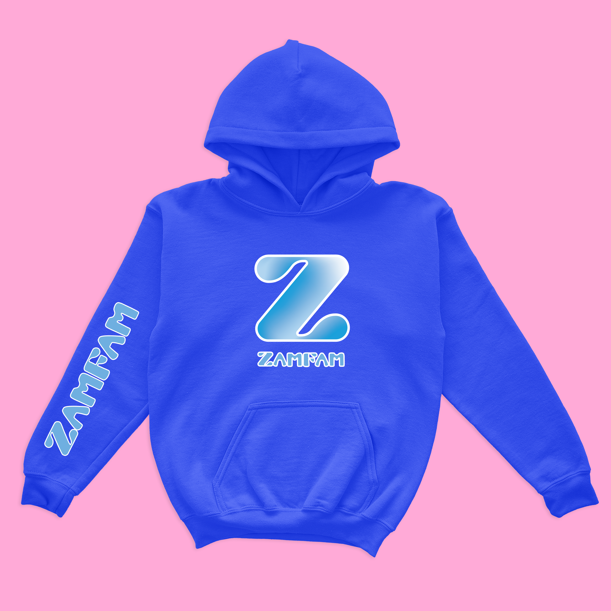 Blue Zamfam hoodie featuring Zamfam text on the sleeve and center.