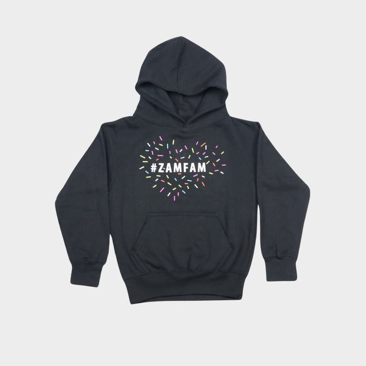 Black #Zamfam Hoodie with sprinkles forming a heart