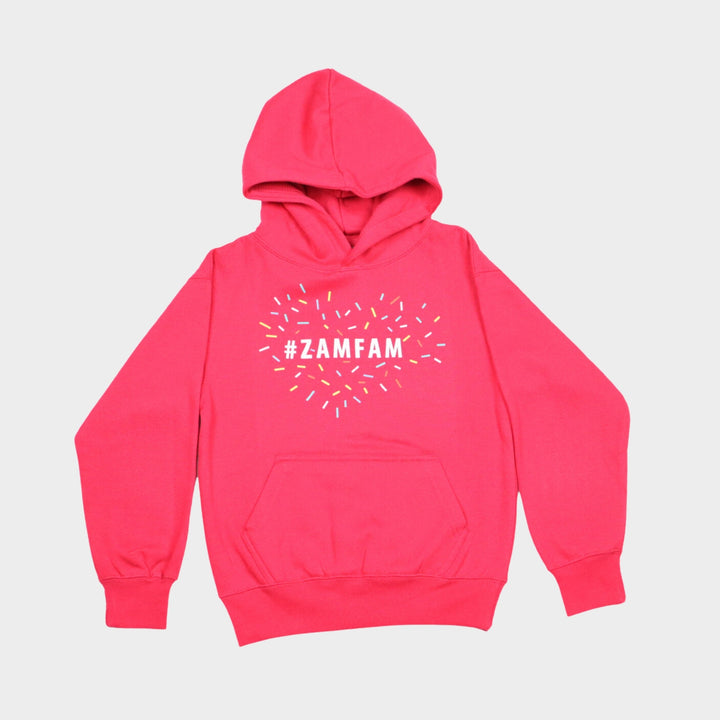 Fuchsia #Zamfam Hoodie with sprinkles forming a heart