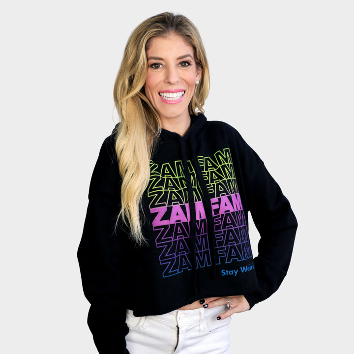 Rebecca Zamolo wearing her black crop hoodie with a gradient Zamfam print