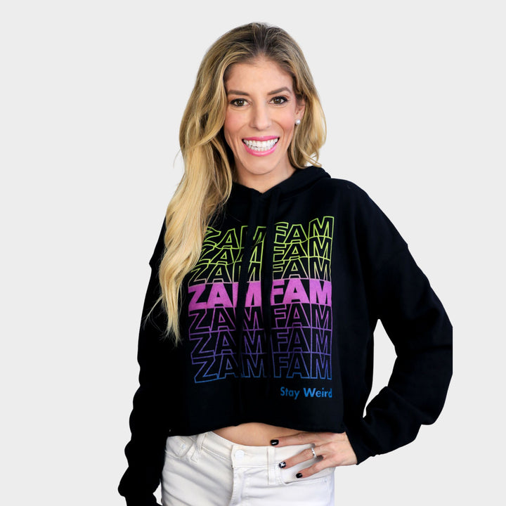 Rebecca Zamolo wearing her black Zamfam gradient crop top hoodie