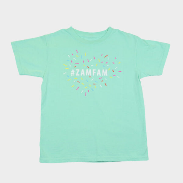 Teal #Zamfam T Shirt with sprinkles forming a heart