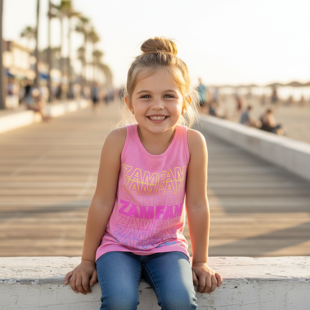 Pink ZamFam tank top featuring the Zamfam repeat logo and words "Stay Weird"